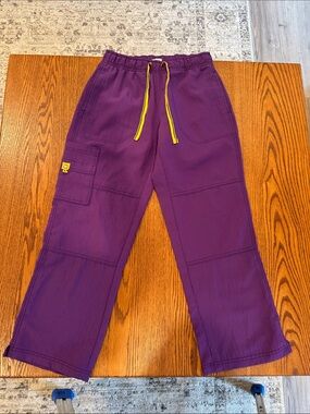 WonderWink Purple Cargo scrub bottoms with Yellow Drawstring
